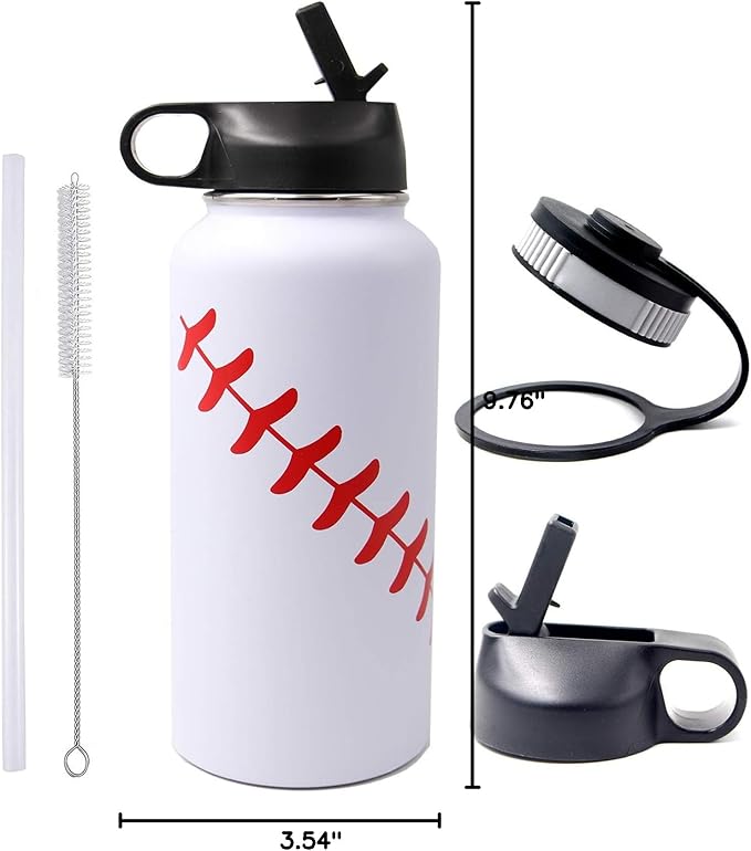 32 oz Baseball Water Bottle, Wide Mouth Sports Flask Metal Travel Tumbler with 2 Lids, Stainless Steel Double Wall Vacuum Insulated Thermo Water Bottles, Baseball Accessories Gifts for Mom Boys Girls - Bloomnest