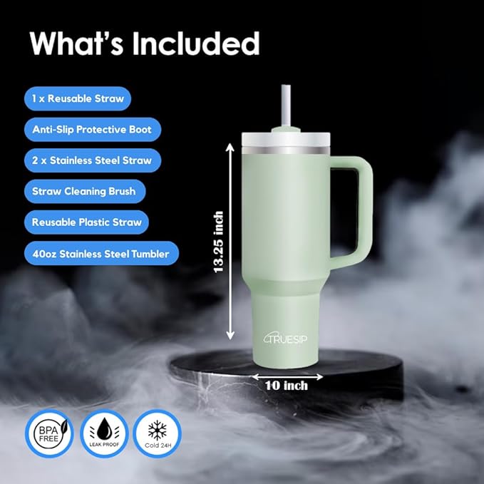 Ultimate 40oz All in One Tumbler - Leak Proof Stainless Steel Tumbler - Includes Silicone Boot, 3 Straws, 2 Straw Caps, & Cleaning Brush (Matcha Cream) - Bloomnest