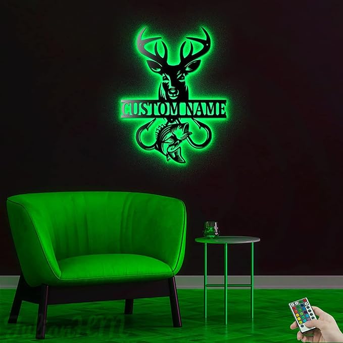Lovely POD Personalized Hunting Metal sign, Hunting Art, Custom Deer Fish Hook Monogram Metal Wall Decor With Led Lights, Personalized Deer Hunting Wall Art Decoration, Hunting Name Sign Decoration - Bloomnest