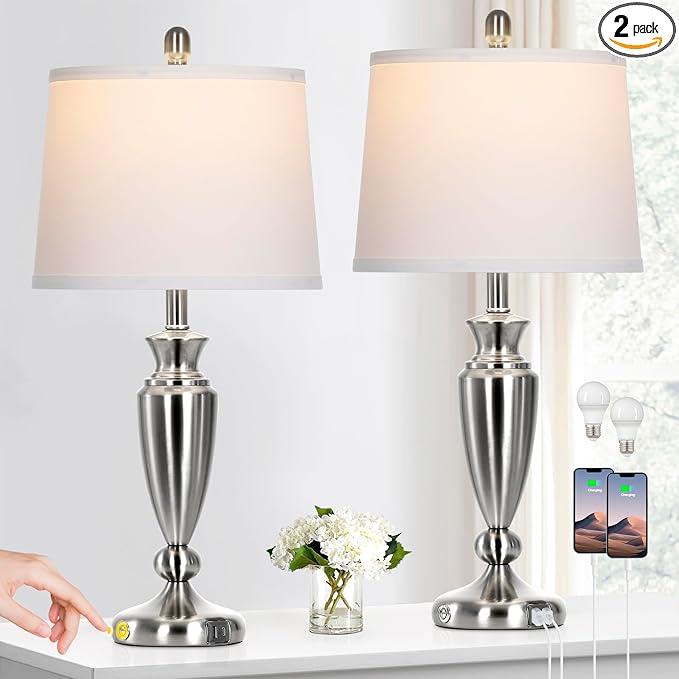 Metal Table Lamps Set of 2, 3 Way Touch Control Silver Bedside Lamps with USB A+C Ports, Modern Brushed Nickel Nightstand Lamps for Bedroom Living Room - Bloomnest