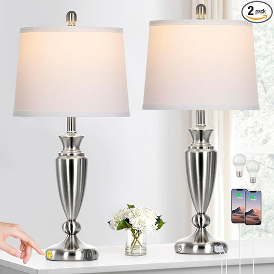 Metal Table Lamps Set of 2, 3 Way Touch Control Silver Bedside Lamps with USB A+C Ports, Modern Brushed Nickel Nightstand Lamps for Bedroom Living Room - Bloomnest