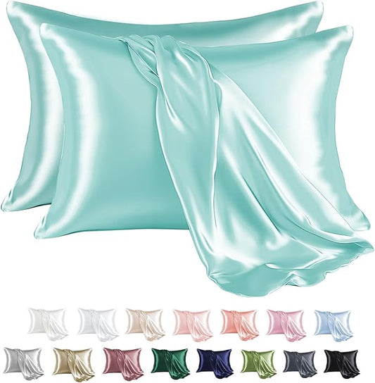MR&HM Satin Pillowcase for Hair and Skin, Silk Satin Pillowcase 2 Pack, Standard Size Pillow Cases Set of 2, Silky Pillow Cover with Envelope Closure (20x26, Turquoise) - Bloomnest