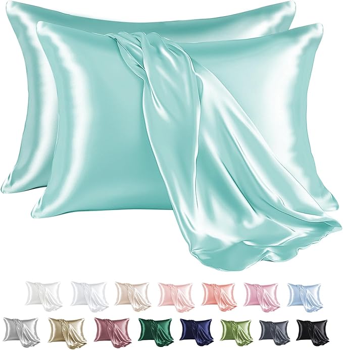 MR&HM Satin Pillowcase for Hair and Skin, Silk Satin Pillowcase 2 Pack, King Size Pillow Cases Set of 2, Silky Pillow Cover with Envelope Closure (20x40, Turquoise) - Bloomnest