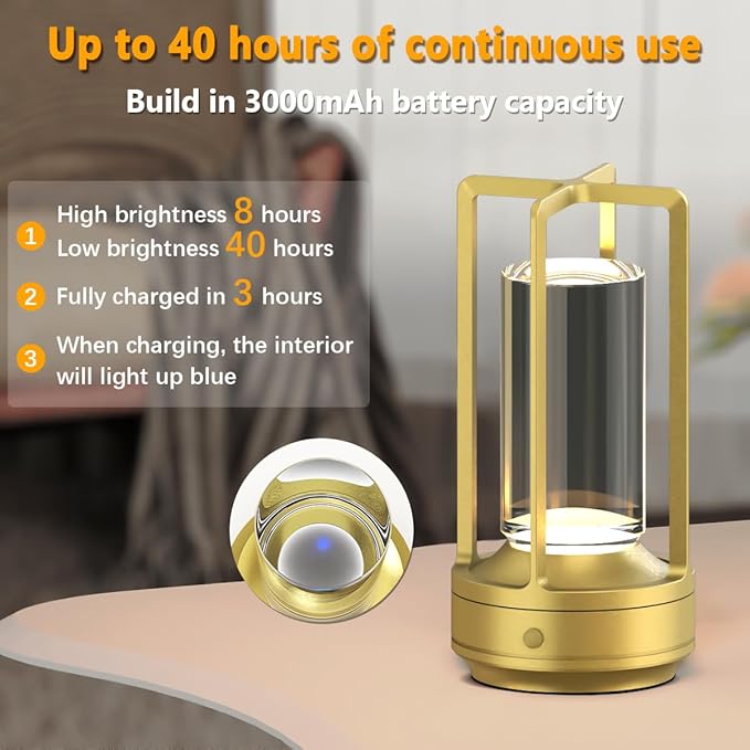 Small Cordless Table Lamps Rechargeable Set of 2 for Indoor/Outdoor, Portable Battery Operated Powered Lamps, Dimmable 3 Color Modes Waterproof, LED Desk Lights for Bedroom/Restaurant/Camping-Gold - Bloomnest