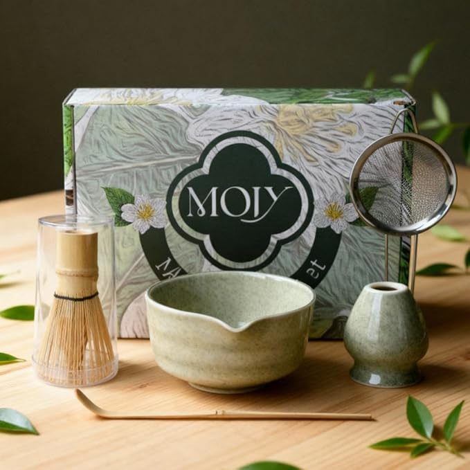 Matcha Whisk Set, Matcha Set, Handcrafted Bamboo Chasen & Ceramic Bowl Matcha Kit, 5 Pcs Matcha Set Whisk and Bowl with Stainless Steel Sifter, Tea Ceremony, Jade - Bloomnest