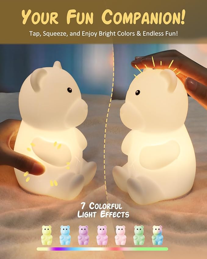 Night Light for Kids, Rechargeable Dimmable Silicone LED Nightlight with 7 Colors, Baby Nursery Night Lamp, Touch Squishy Lamp, Cute Gifts for Girls, Boys, Toddler Room Decor, Bear - Bloomnest