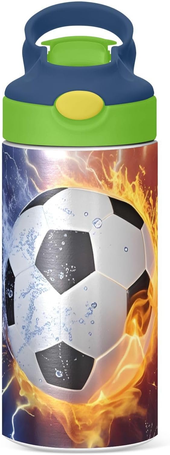 Soccer Fire Electric Spark Kids Water Bottle with Straw Lid Insulated Tumbler with Handle Stainless Steel Reusable Toddlers Cup for Kids Boys 12 oz - Bloomnest