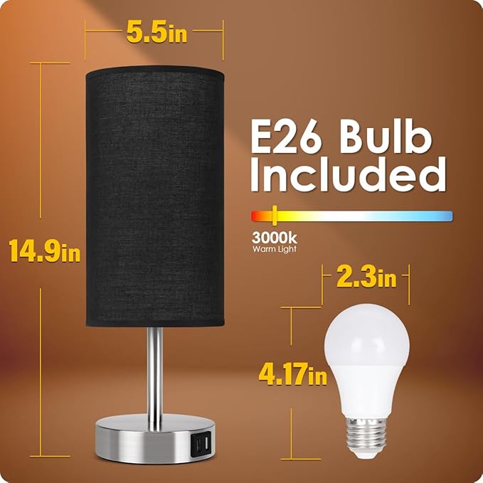 Bedside Lamp with USB Port - Touch Control Table Lamp for Bedroom Wood 3 Way Dimmable Nightstand Lamp with Round Black Shade for Living Room, Dorm, Home Office (LED Bulb Included) (Blacl2) - Bloomnest