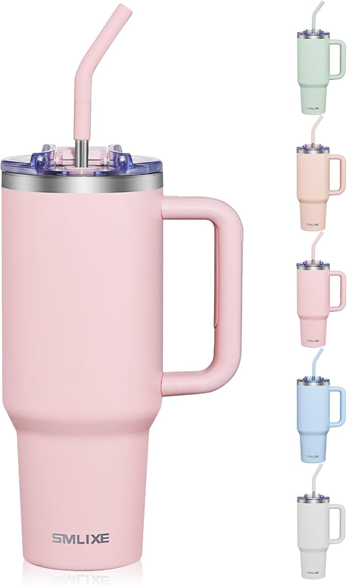 COKTIK 40 oz Tumbler With Handle and Straw Lid, Vacuum Insulated Travel Coffee Mug Stainless Steel Insulated Cup for Beverages, Leak-proof, Cupholder Friendly (Blush) - Bloomnest