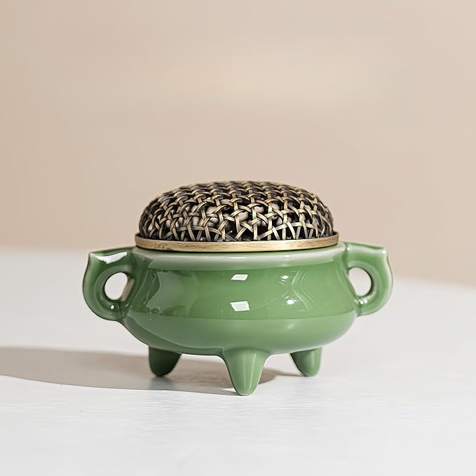 Mini Ceramic Incense Burner - Chinese Classic Plum Green Celadon Glaze, Fragrance Cone & Stick Holder Palo Santo/Sage/Herb Burner for Meditation, Yoga, Desk Decor, Zen Relaxation Gift (Pot) - Bloomnest