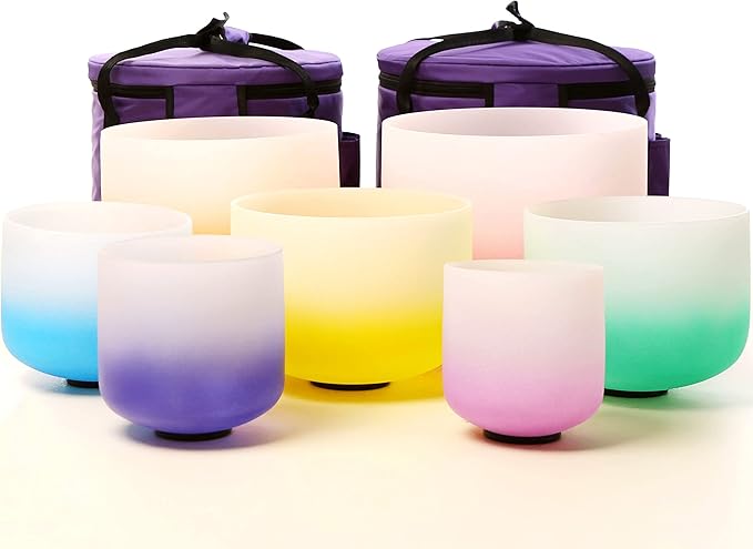 Leize Chakra Tuned 432hz Set of 7 Gradient Color Quartz Crystal Singing Bowls 6-12 inch with Heavy Duty Carrying Cases and Singing Bowl Mallets