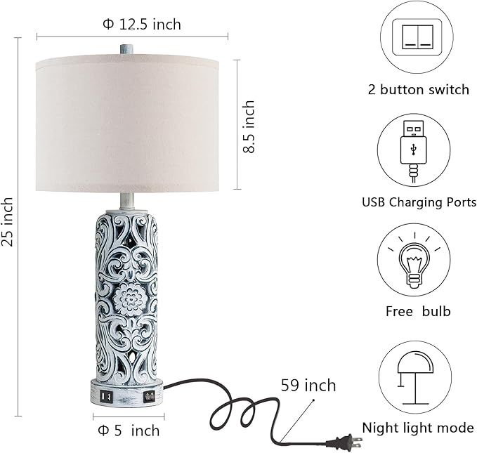 25'' Vintage Coastal Table Lamp Bedside Lamps Set of 2, Farmhouse Table Lamps with Dual USB Ports for Bedroom, Wash Blue Hollow Out Resin Lamp with Nightlight for End Table, 2 Bulbs Included - Bloomnest