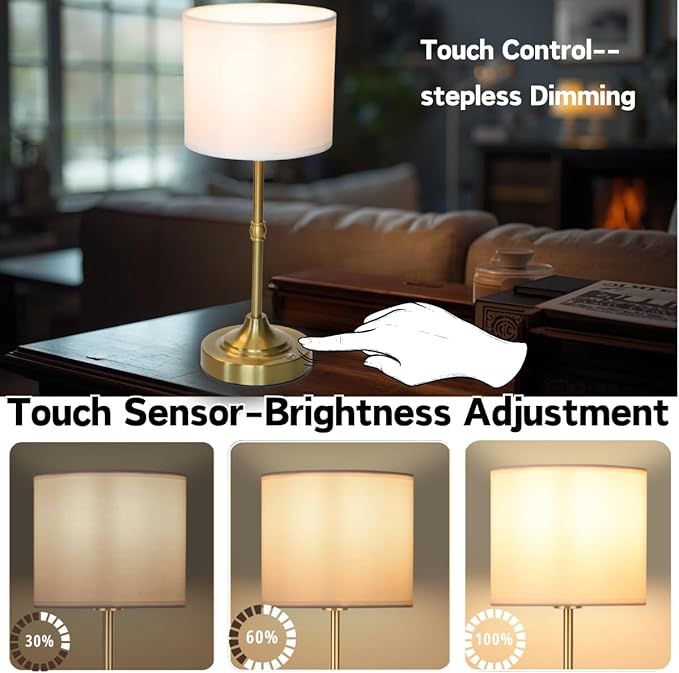 Rechargeable Table Lamp, Cordless Touch Lamps, Portable Desk Light with Stepless Dimmable Brightness & Fabric Shade for Nightstand Bedside Living Room (Gold, Straight) - Bloomnest