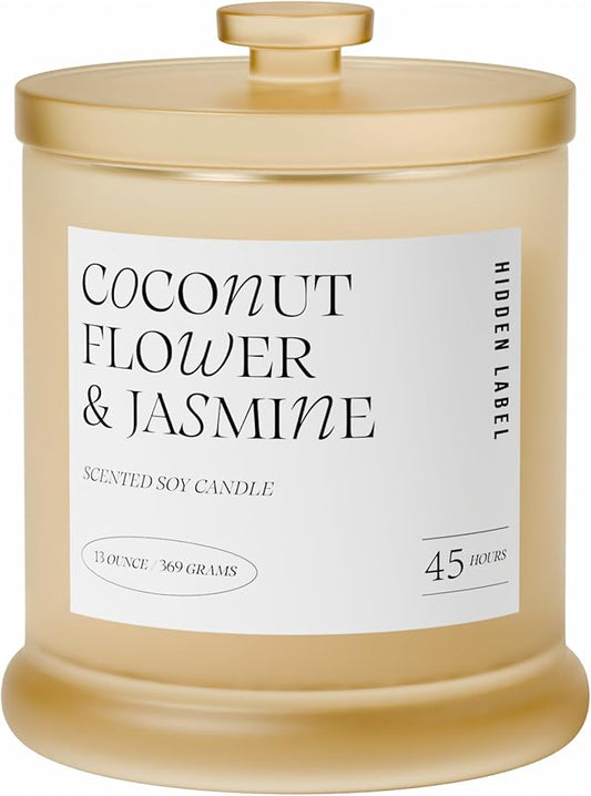 Hidden Label Coconut Flower & Jasmine Scented Candle | 2 Wick Large Candles for Home Scented 13oz 75Hour Long Lasting Slow Burning | Aromatherapy Candle for Home Decor, Stress Relief & Relaxation - Bloomnest