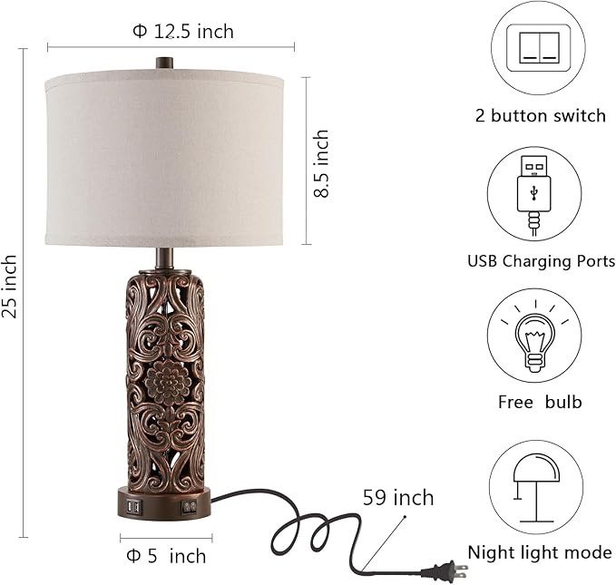 Farmhouse Table Lamps Set of 2, Vintage Lamp for Living Room and 2 USB Ports Bedside Lamp with Nightlight for Bedroom, Dark Brown Hollow Out Resin Nightstand Lamp, 2 Bulbs Included - Bloomnest