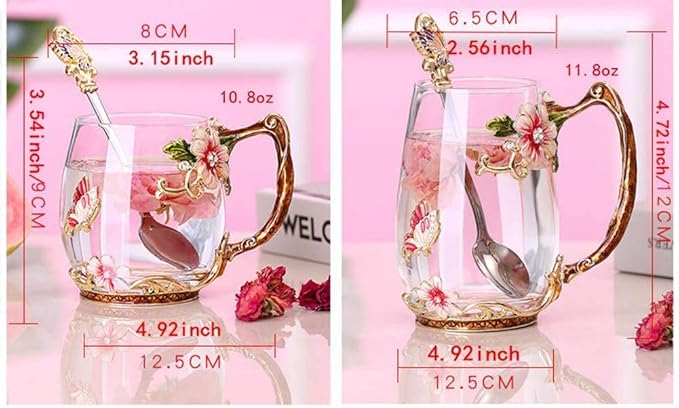 Luka Tech Enamel Butterfly flower Glass Mug with Spoon, Gifts For Women Wife Mom Friends Birthday Mothers Valentines Day Christmas (Blue-Tal) - Bloomnest
