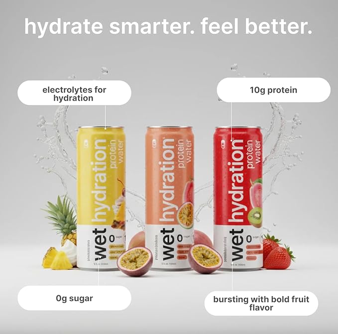 Wet Hydration Protein Water Variety Pack | Functional Electrolyte Drink with Clear Whey Protein & BCAAs - Passion Guava, Pineapple Whip, Kiwi Strawberry (12 fl. oz. Cans, Pack of 12) | Zero Sugar, 10g Protein, Low Calorie, Magnesium, L-Theanine, Functi... - Bloomnest