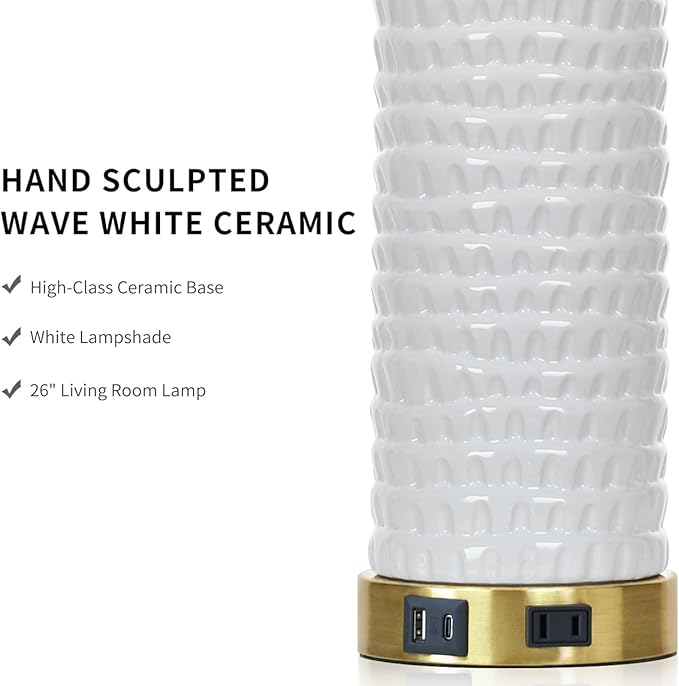26" White Table Lamps for Living Room Set of 2, Ceramic Bedroom Lamps for Nightstands, Modern Bedside Lamps for Bedroom Living Room, Nightstand Lamps for End Table, Hallway, Gold and White - Bloomnest
