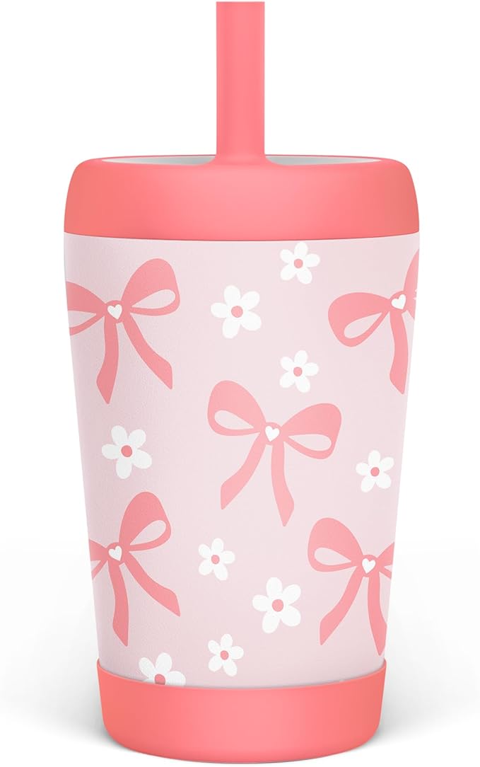 Kid Insulated Stainless Steel Tumbler with Silicone Straw, 12oz Sippy Cup for Kids (Pink Bows) - Bloomnest