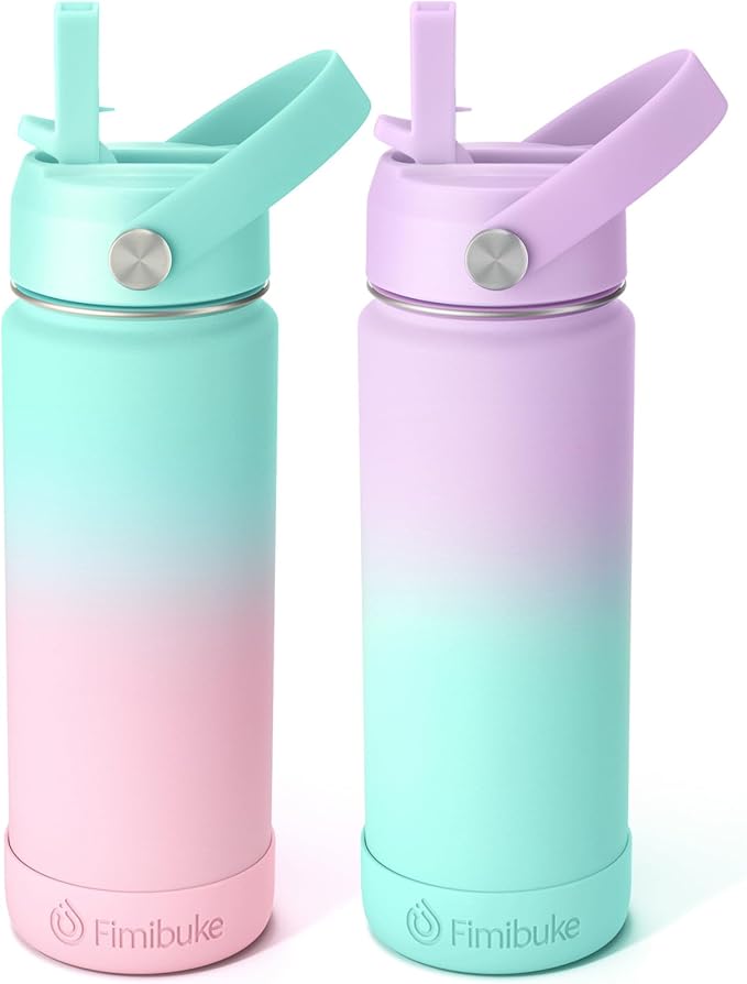 Fimibuke Kids Insulated Water Bottle - 18oz BPA-FREE 18/8 Stainless Steel Kid Cup with Straw Travel Tumbler Leak Proof Double Wall Vacuum Toddler Water Bottle for School Boy Girl（2 Pack, Candy/Bubble） - Bloomnest