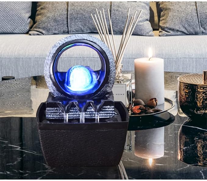 Indoor Waterfall Tabletop Fountain, Rockery Water Fountains Tabletop Decoration Relaxation with LED Light, Rockery Fountain with Ball for Home and Office Bedroom Decoration