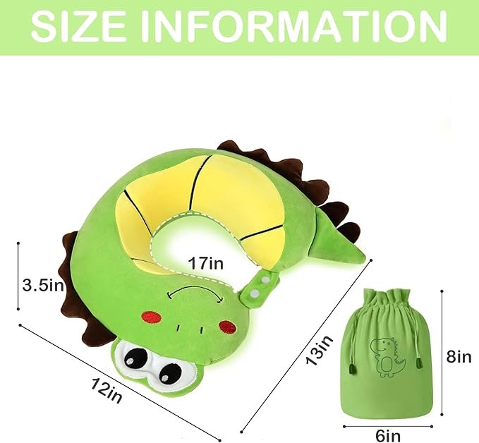 Kids Travel Pillow, Cute Dinosour Memory Foam Neck Pillow with Travel Bag, Soft Adjustable Airplane Pillow for Chin Support, Headrest- Green - Bloomnest