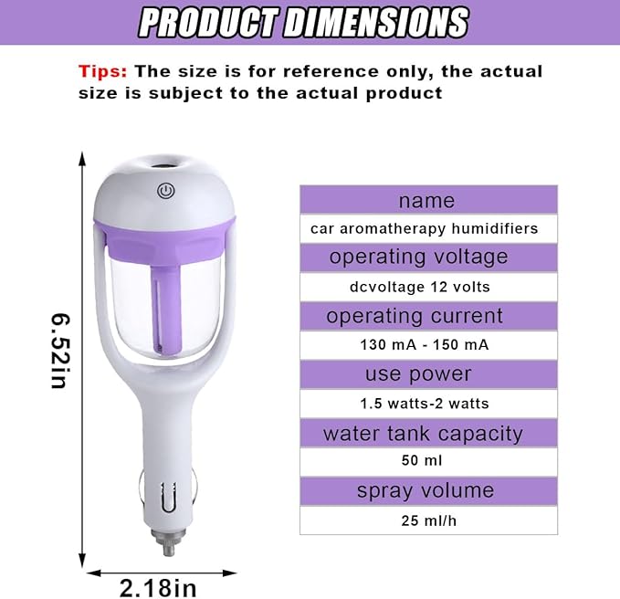 Car Humidifier, Portable Mini Aromatherapy Essential Oil Diffuser, 180-Degree Rotation Cool Mist Humidifier, Vehicle Air Freshener Diffuser with 12V Charging Port for Home Office (Purple) - Bloomnest