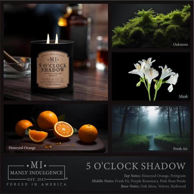 Manly Indulgence 5 O'Clock Shadow Scented Candle for Men 16.5 oz | 2 Wick & 2X Intense Fragrance | Oakmoss, Musk & Fresh Air | Up to 60 Hour Burn, Soy Blend Wax, USA Poured, Black - Bloomnest