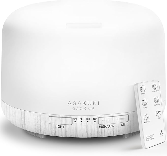 ASAKUKI Essential Oil Diffuser 500ml, Ultrasonic Aromatherapy Humidifier with Remote Control, 7 LED Colors, Timer & Auto-Off, Large Room Diffuser (White) - Bloomnest