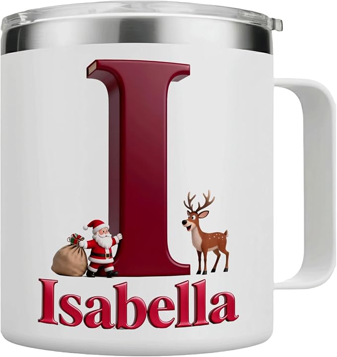 Personalized Christmas Insulated Coffee Mug with Handle – Custom Initial Letter [W] & Name [William] – [Your Brand Name] Double Wall Stainless Steel Travel Tumbler for Hot & Cold Drinks (B110) - Bloomnest