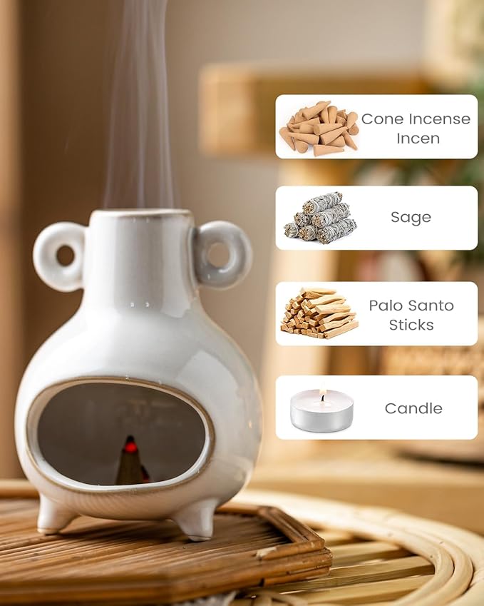 Mini Palo Santo Holder Burner, Ceramic Incense Holder for Sticks Sage Bundles Cone Incense, Chimenea Incense Dish for Yoga Meditation Home Decor, White