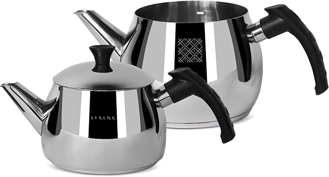 Serenk Modernist Stainless Steel Teapot | 1 L Top, 1.5 L Base, Induction Ready, Mirror Finish, Cool-Touch Handles, Elegant, Durable, Dishwasher Safe - Bloomnest
