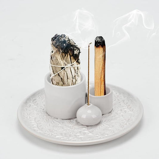 Ceramic Incense Holder Set with Decorative Tray, White, Intricate Pattern Design, 5.9x5.9x2 Inch, for Sticks, Cones, Palo Santo, Sage (White) - Bloomnest
