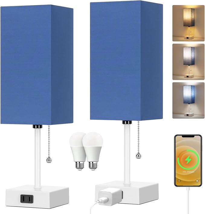Table Lamp for Bedroom set of 2,3-Color Bedside Lamps with Pull Chain Table Lamps for Nightstand with AC Outlets,Small Night Light Lamps with 2 Bulbs Lamps for Living Room Kids Room Office Decor（Blue） - Bloomnest