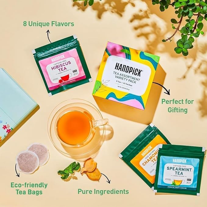 HANDPICK, Tea Bags Sampler Assortment Variety pack Gift Box 8 Flavors, 40 Tea Bags - Perfect Variety | English Breakfast, Green, Black, Herbal & More | Gifts for Him/Her - Bloomnest