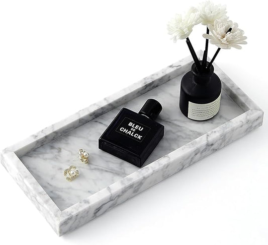 Real Natural Small Marble Tray for Bathroom, Vanity, Kitchen and Desktop, Rectangle Genuine Marble Stone Tray for Jewelry, Cosmetics, Candles, Lotion, Perfume and Home Decor (White, 12" x 5" x 1.2")