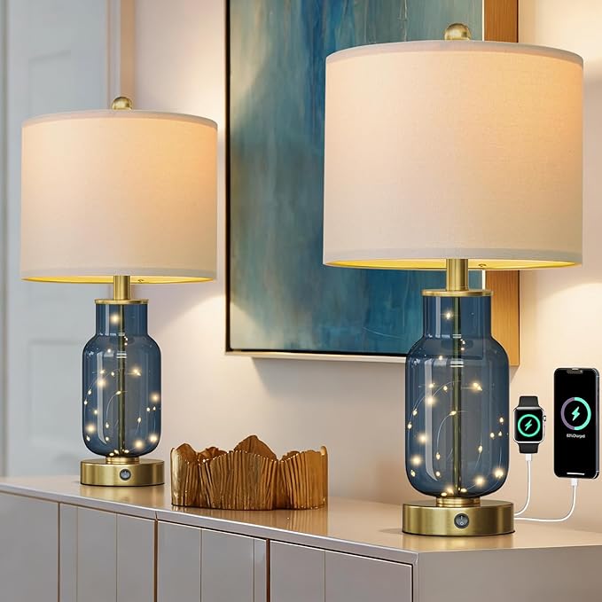 Oneach 22" Glass Table Lamps Set of 2, Blue Modern Bedside Lamp with LED Night Light for Living Room, Nightstand Lamp with USB Ports for Bedrooms, Study Room, End Table(2 Bulbs Included) - Bloomnest