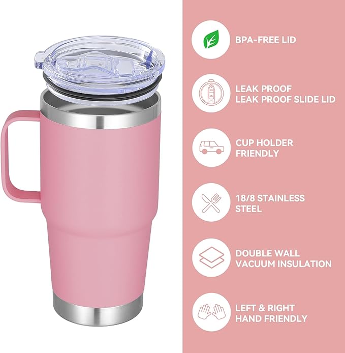 VEGOND 20 oz Tumbler with Handle Lid and Straw, Stainless Steel Insulated Travel Coffee Mug Spill Proof Double Wall Metal Tumbler Cup Keeps Drink Hot and Cold, Pink 1 Pack - Bloomnest
