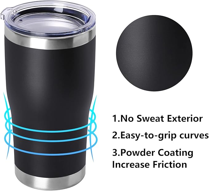 DOMICARE 20oz Tumbler with Lid Stainless Steel Tumblers Bulk, Double Wall Vacuum Insulated Coffee Travel Mug Powder Coated Tumbler, 1 Count (Pack of 1) Black