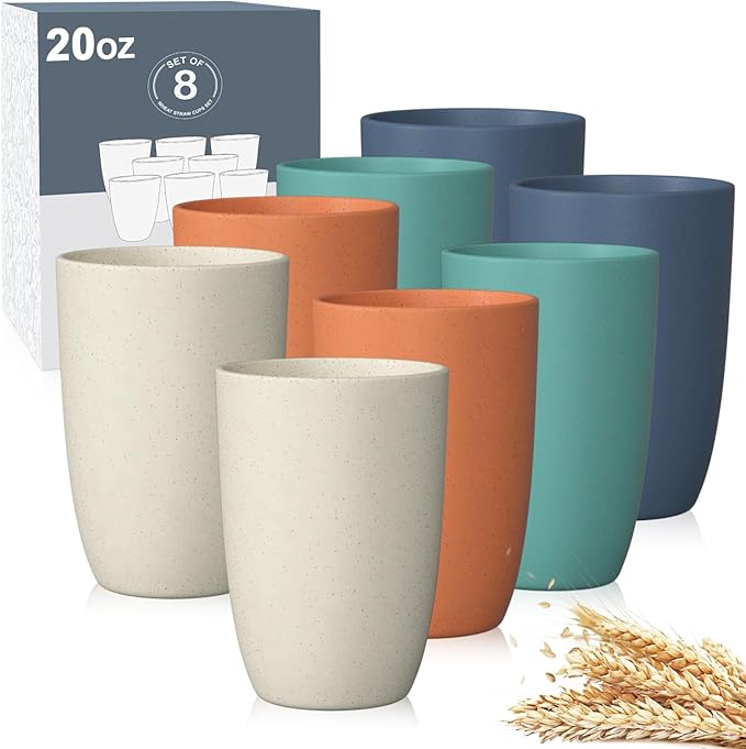 Wheat Straw Cups 8 PCS Good Alternative to Plastic Reusable Cups 20 oz Unbreakable Drinking Cup Reusable Dishwasher Safe Water Plastic Glasses Colorful Series - Bloomnest