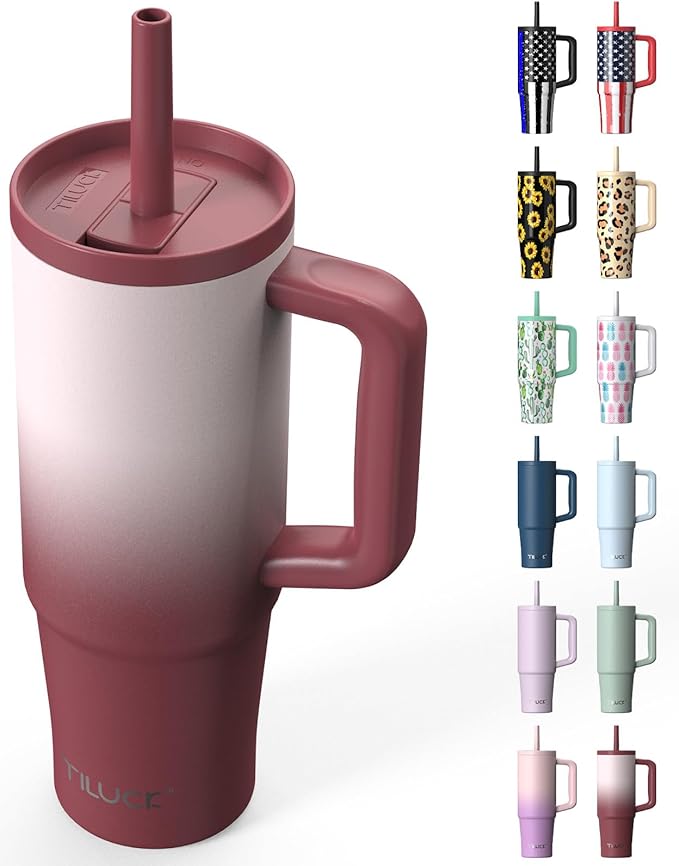 TILUCK 30 oz Tumbler with Handle, Vacuum Insulated Stainless Steel Travel Mug with 100% Leak-Proof Silicone Straw Lid, Cupholder Friendly Water Bottle(BurgundyGradient, 30oz)