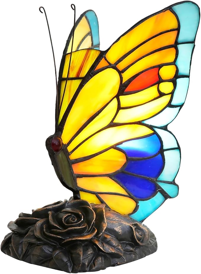 Blue and Orange Butterfly Table Lamp Small Tiffany Style Lamp Stained Glass Lamps Living Room Dorm Bedroom Vintage Art Unique Bedside Night Light Home Lighting Decor Kids Gifts Desk Lamps Rose Base - Bloomnest