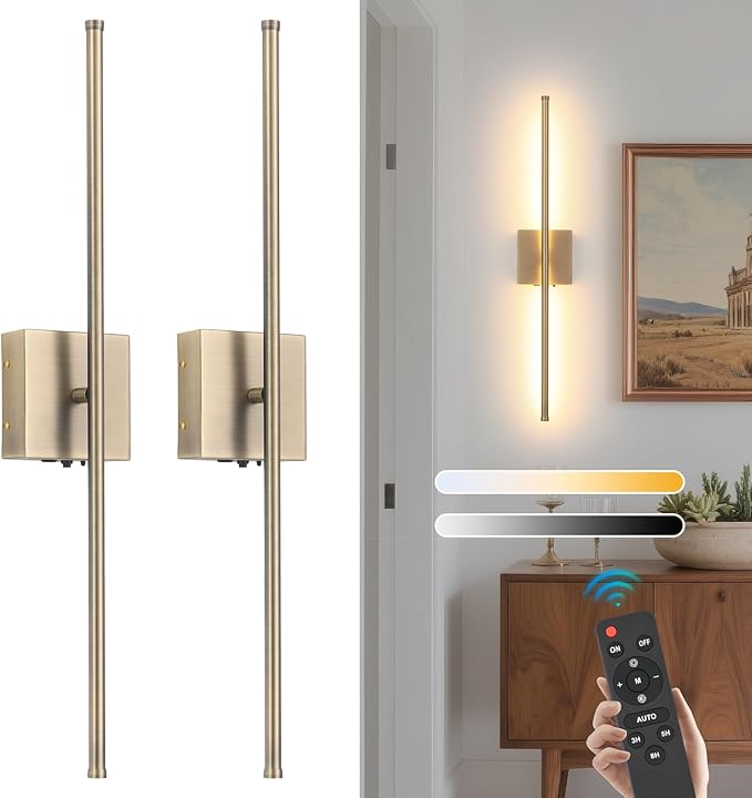 Battery Operated Wall Sconces set of 2, 11000mAh Rechargeable Brushed Bronze Wireless Wall Lights, 350°Rotate Dimmable Wall Lamp with Remote, 3 Color Temperatures, for Bedroom, Living Room, Hallway - Bloomnest