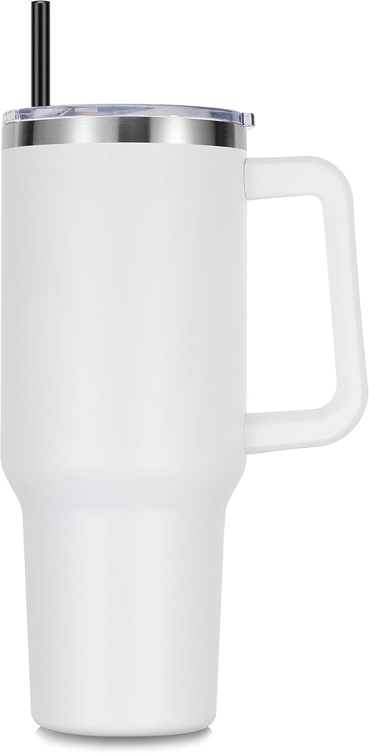 DOMICARE 40 oz Tumbler with Handle and Straw, Stainless Steel Tumbler with Lid and Straw, Reusable Vacuum Insulated Cup, Travel Coffee Mug, White, 1Pack - Bloomnest