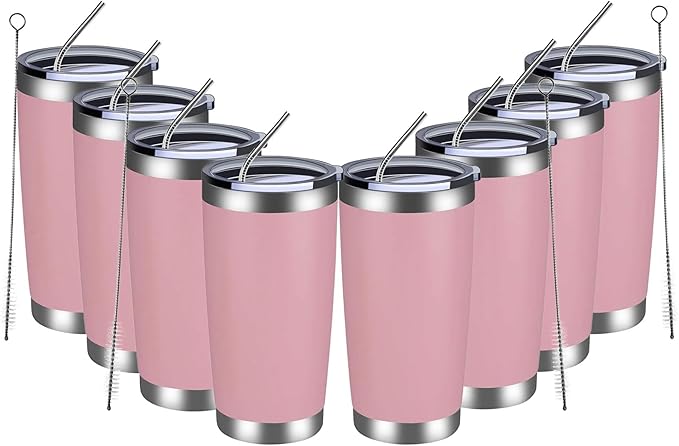 MEWAY 20oz Tumbler 8 Pack Double Wall Vacuum Insulated Travel Mug Bulk, Stainless Steel Tumblers with Lid and Straw, Durable Powder Coated Coffee Cups for Cold & Hot Drinks (Pink, 8) - Bloomnest