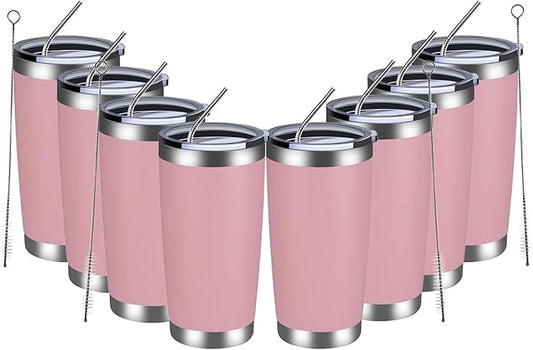 MEWAY 20oz Tumbler 8 Pack Double Wall Vacuum Insulated Travel Mug Bulk, Stainless Steel Tumblers with Lid and Straw, Durable Powder Coated Coffee Cups for Cold & Hot Drinks (Pink, 8) - Bloomnest