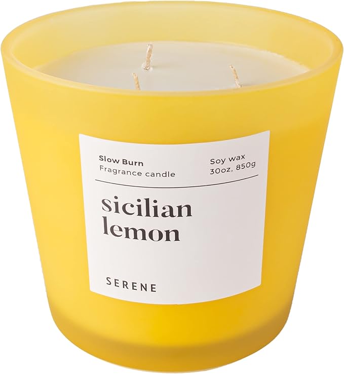 Hidden Label Large Scented Candle, Sicilian Lemon, 30oz 3 Wick Huge Candle, Serene Collection Slow Burn Natural Soy Candles for Home Scented - Bloomnest