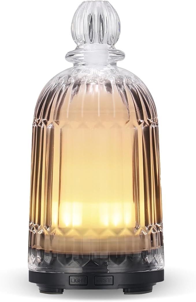 Glass Essential Oil Diffuser, Ultrasonic Aroma Diffuser Glass Cover & Plastic Reservoir with 7 LED Color Changing Light, Auto Shut-Off for Home Office Spa, 120ml(Black Base) DOUDING
