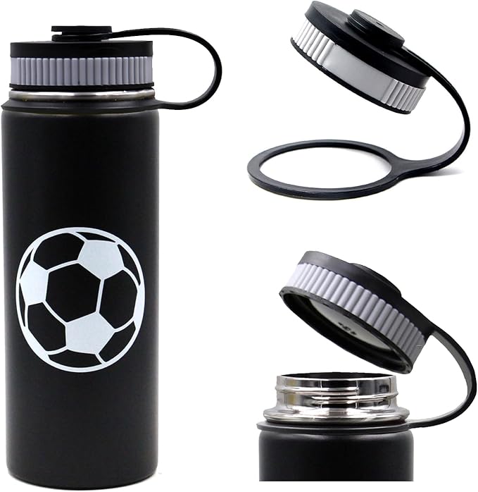 18 oz Soccer Water Bottle with Straw, Sports Flask Metal Travel Tumbler with 2 Lids, BPA Free Stainless Steel Double Wall Vacuum Insulated Leak Proof Thermo Water Bottles, Soccer Gifts for Boys Girls - Bloomnest