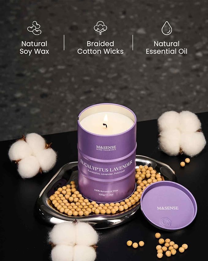 M&SENSE Eucalyptus Lavender Scented Candles Natural Non Toxic, Aromatherapy Candle for Stress Relief Meditation Relaxing, Housewarming Gifts for Women Men, 11.3oz 70 Hour Long Burning - Bloomnest